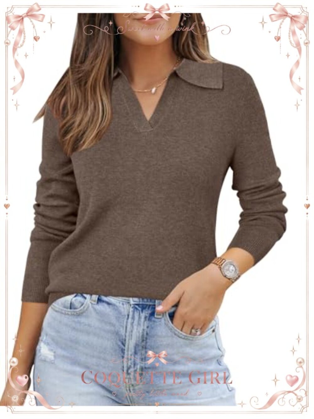 Wool Blend Collared V-Neck Polo Sweater Long Sleeve Business Casual Top